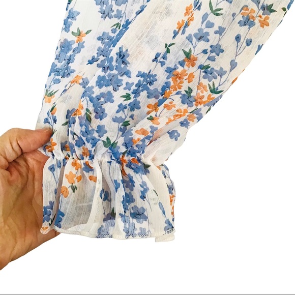 Blue and White Semi Sheer Floral Print Dress - Picture 4 of 15